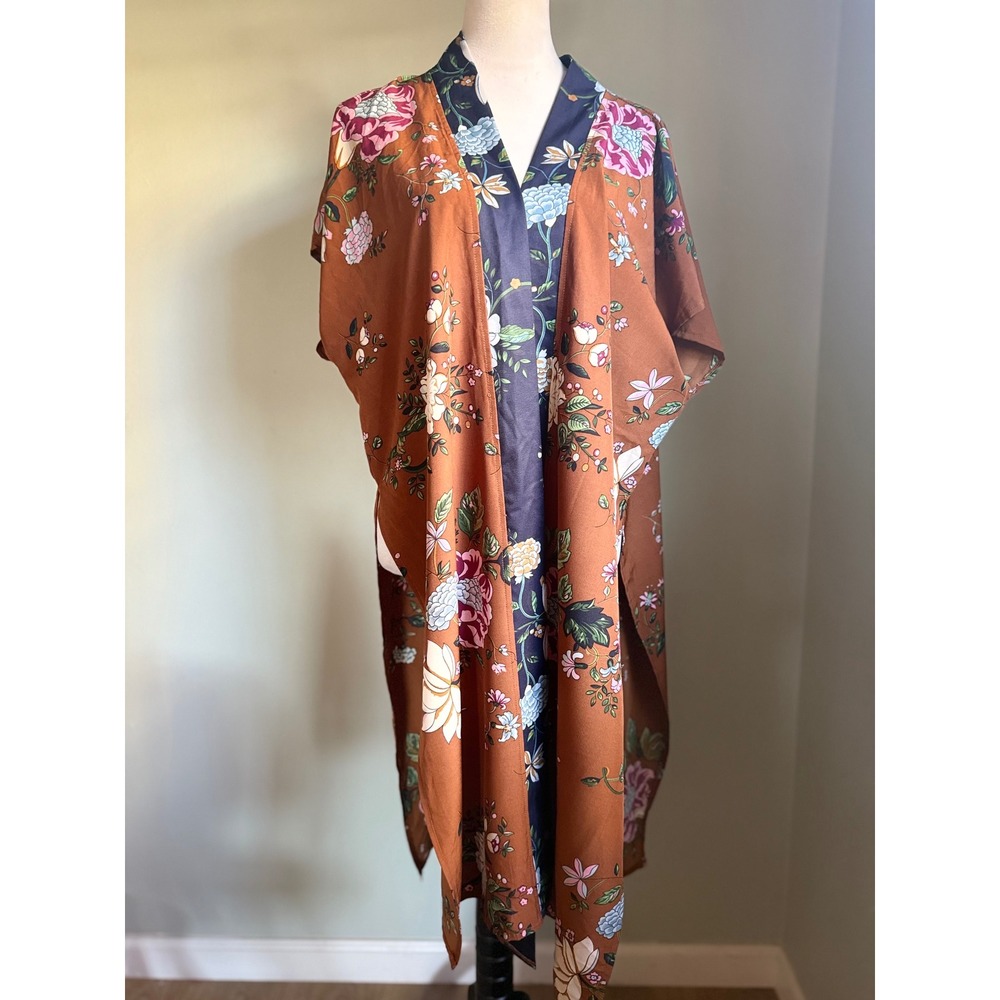 Boho brown Floral robe Kimono‎ Topper Duster Jacket western cottage Y2K One Size